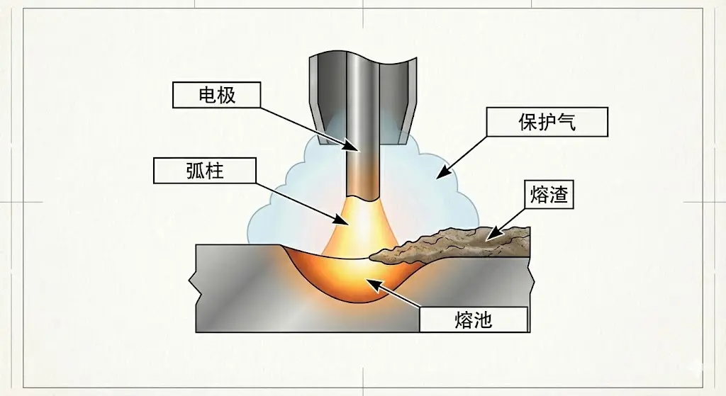 电弧焊-电弧形成原理与熔池剖面科技感示意图