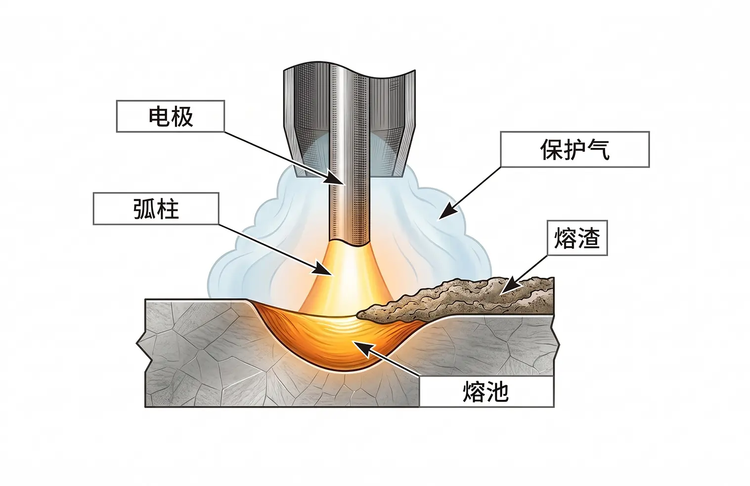 电弧焊-电极/弧柱/保护气/熔渣/熔池结构示意图